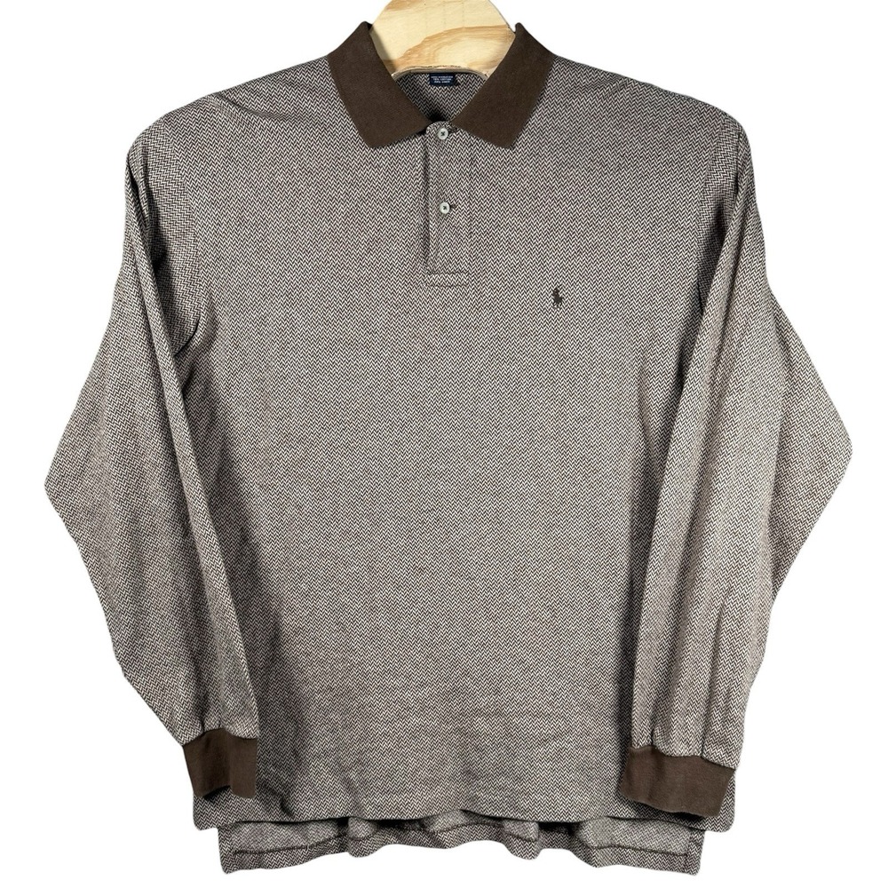 Vintage Polo Ralph Lauren Sweater Men XL Beige Herringbone Long Sleeve Preppy
